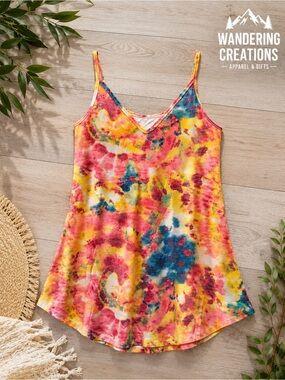 Zenana Outfitters Multicolor Tie-Dye V-Neck Tank Top - Yellow, Pink, Blue